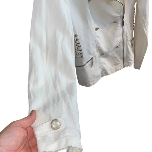 Mur Mur white studded linen double breasted moto military style zipper jacket - Picture 5 of 12